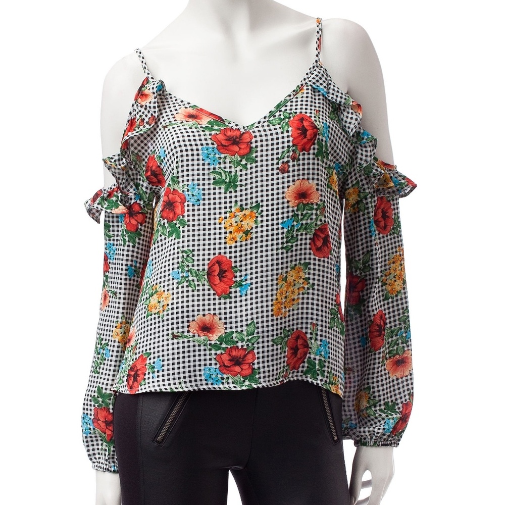 Gigham floral cold shoulder top
